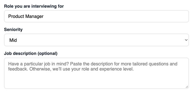 Actual JobHackAI setup screen with role, seniority and optional job description.